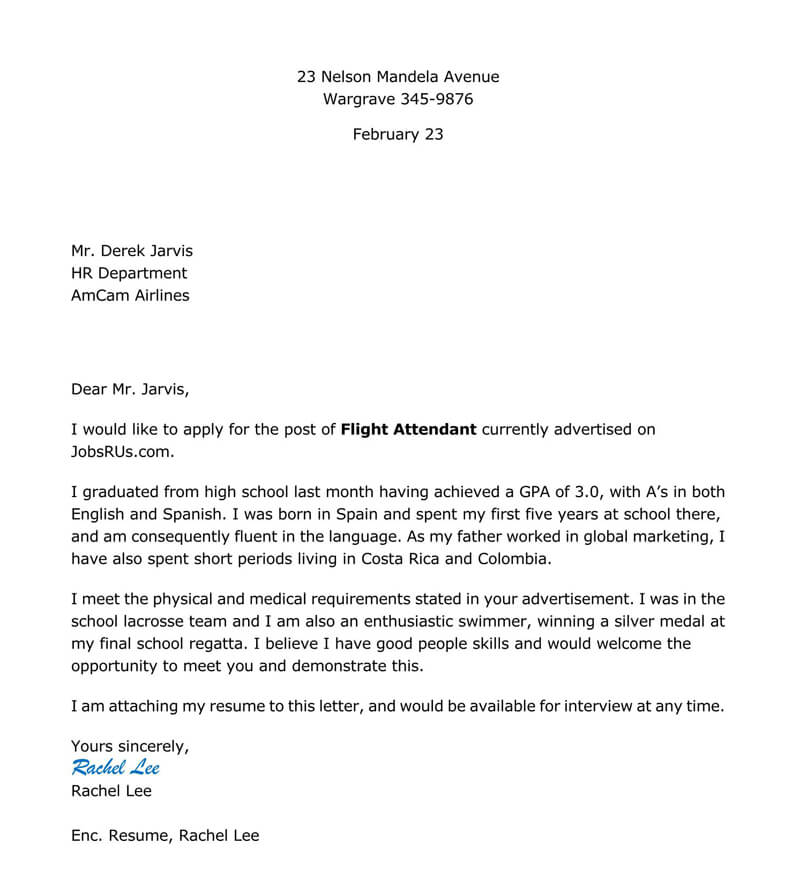 Flight Attendant Cover Letter Example