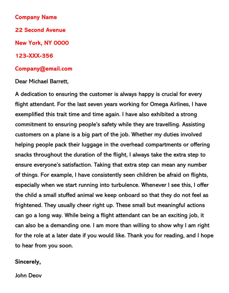 Printable Flight Attendant Cover Letter Sample 09 for Word