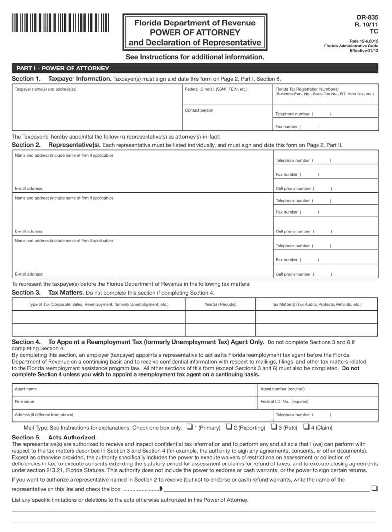 Florida State Tax POA (Form dr-835)