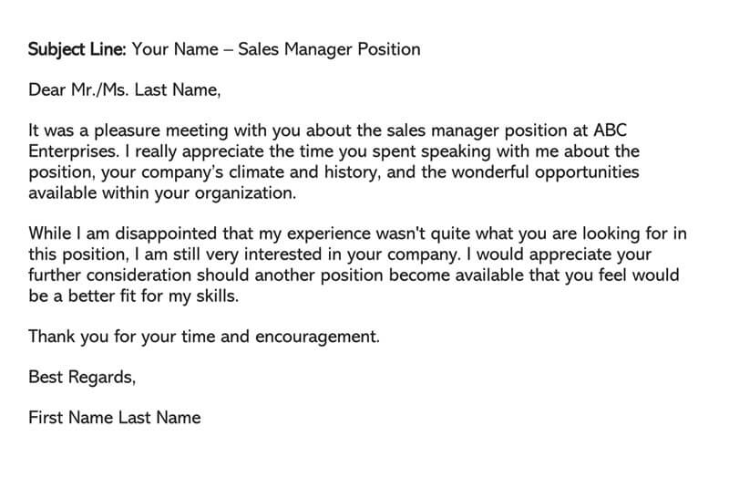 Free Downloadable Sales Manager Job Rejection Follow-up Letter Sample for Word Format