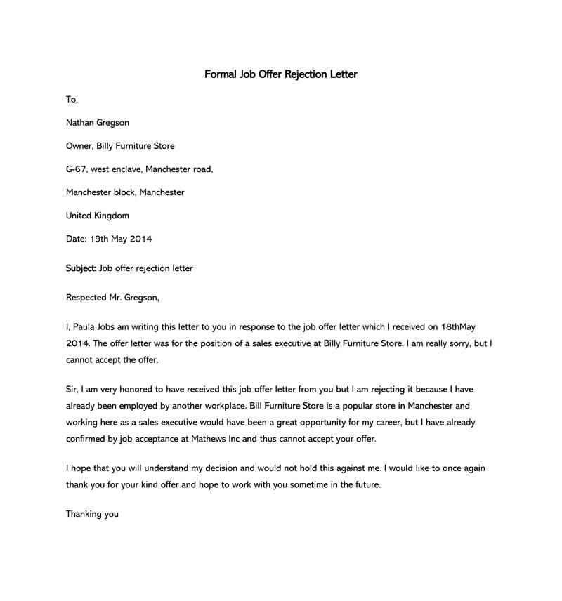 Formal Job Offer Rejection Letter