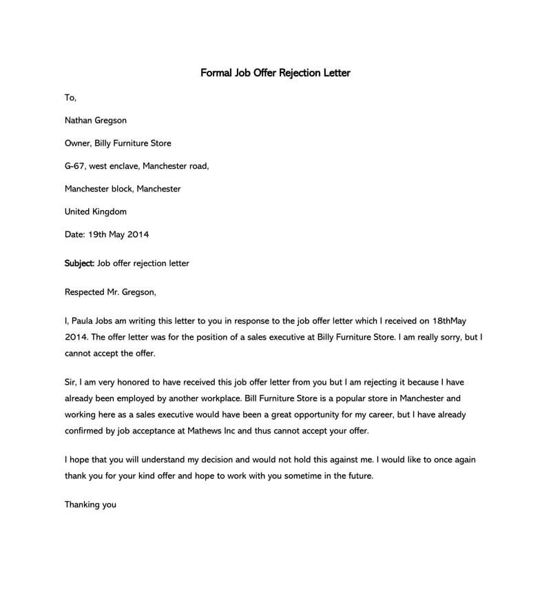 Formal Rejection Letter To Decline Job Offer Sample Letters Emails