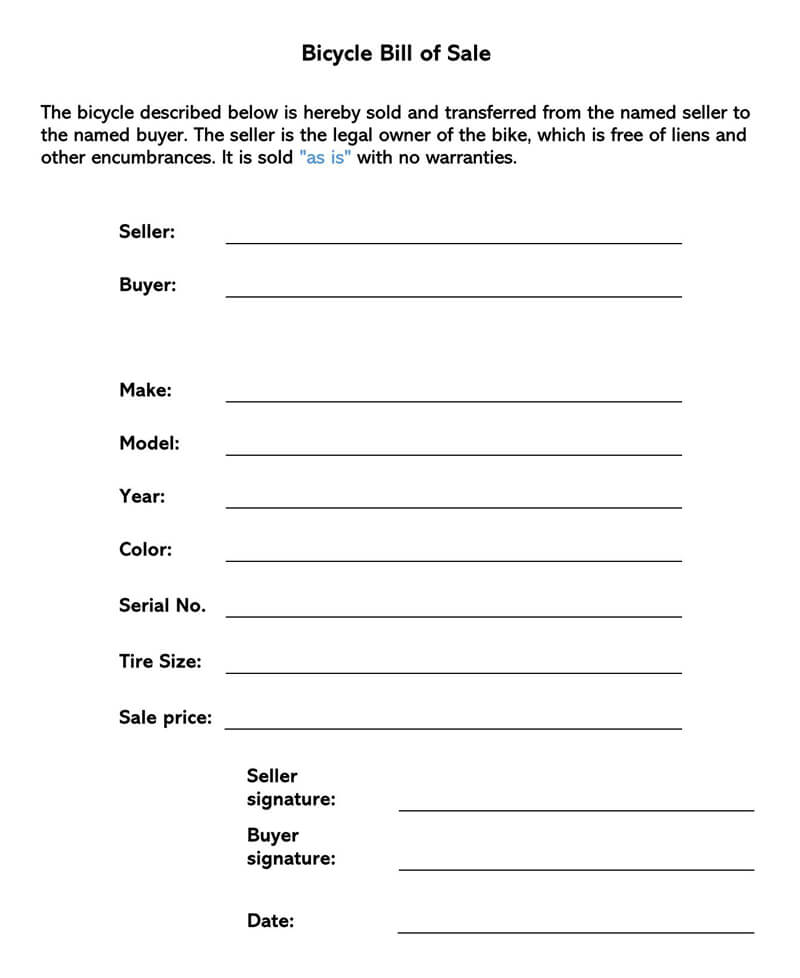 Free Bicycle Bill of Sale Form 03 in Word