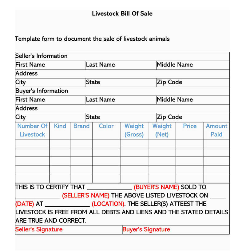 Editable Livestock Bill of Sale Form 02 in Word