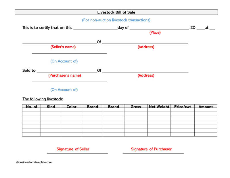 Free Livestock Bill of Sale Form 03 in Word