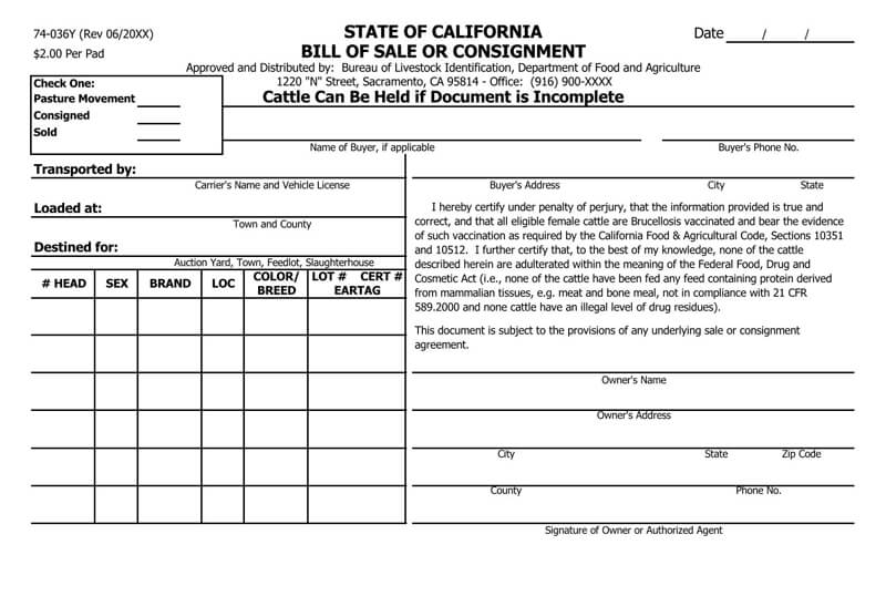Free Livestock Bill of Sale Form for California in Word
