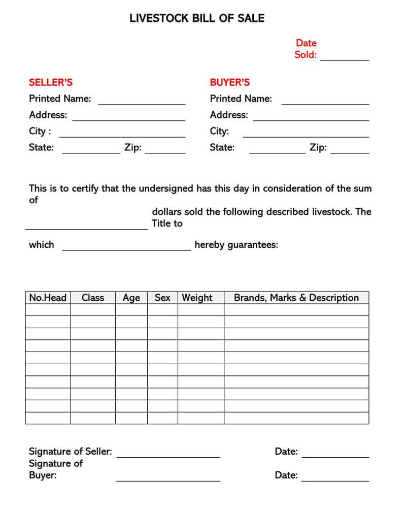 Free Livestock Bill of Sale Form 05 in Word