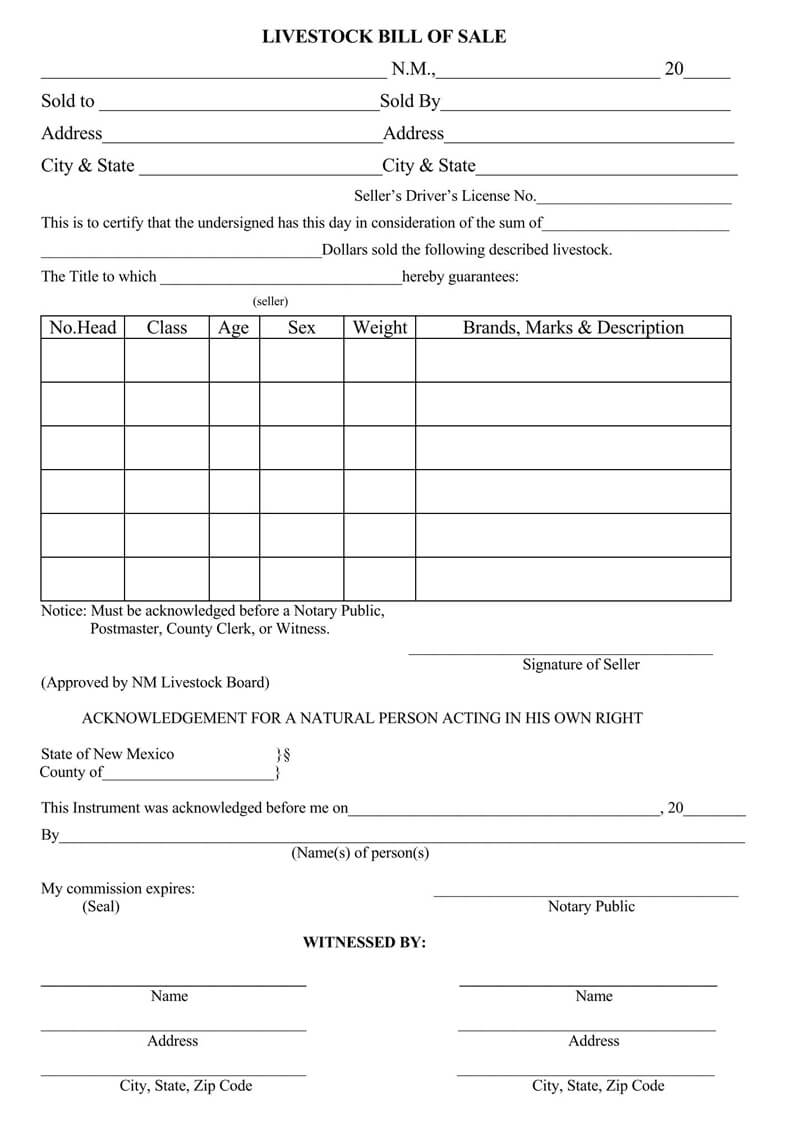 Editable Livestock Bill of Sale Form 06 in Word