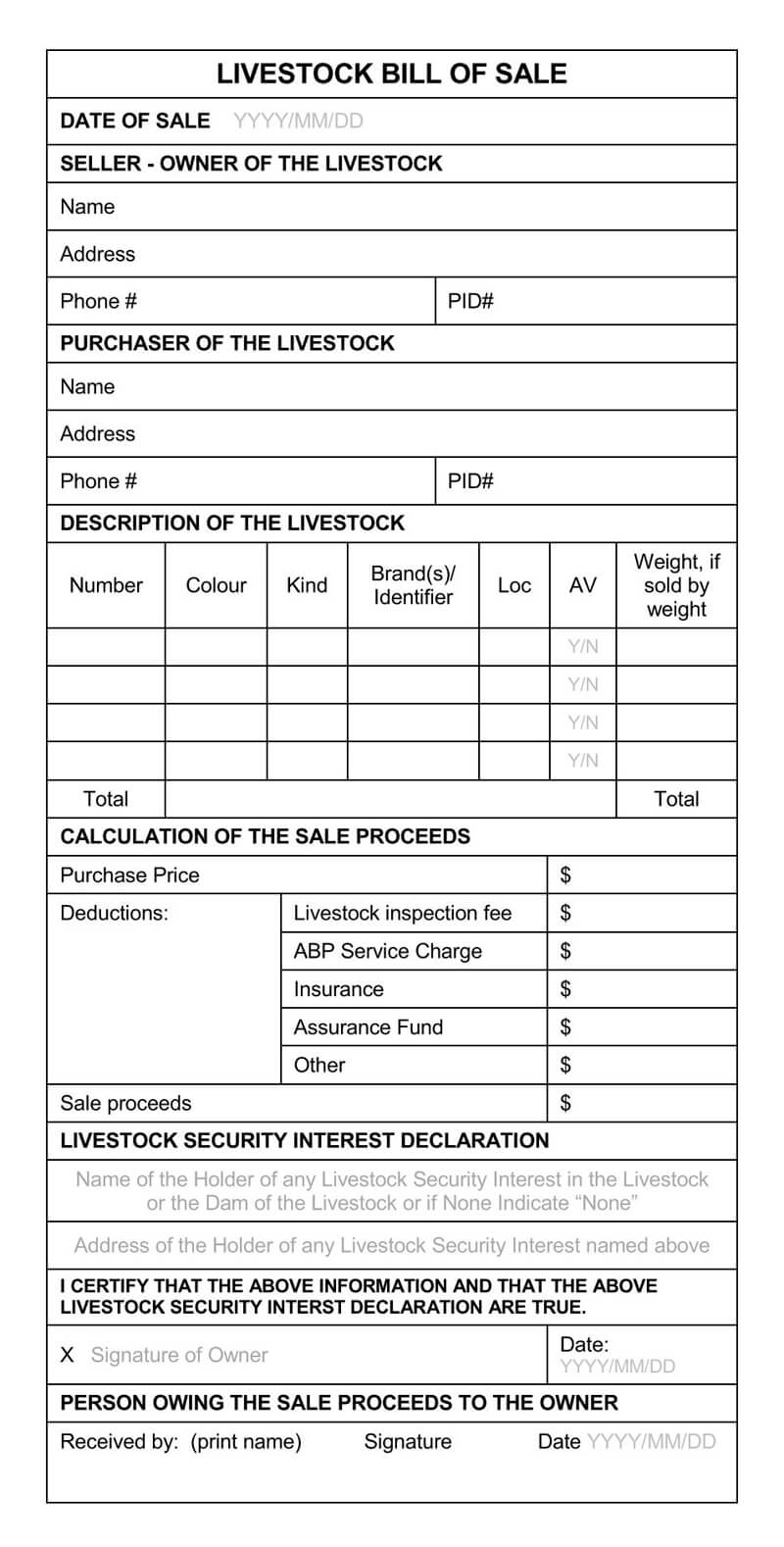 Free Livestock Bill of Sale Form 07 in Word