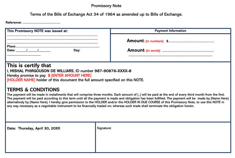 Printable promissory note form for free