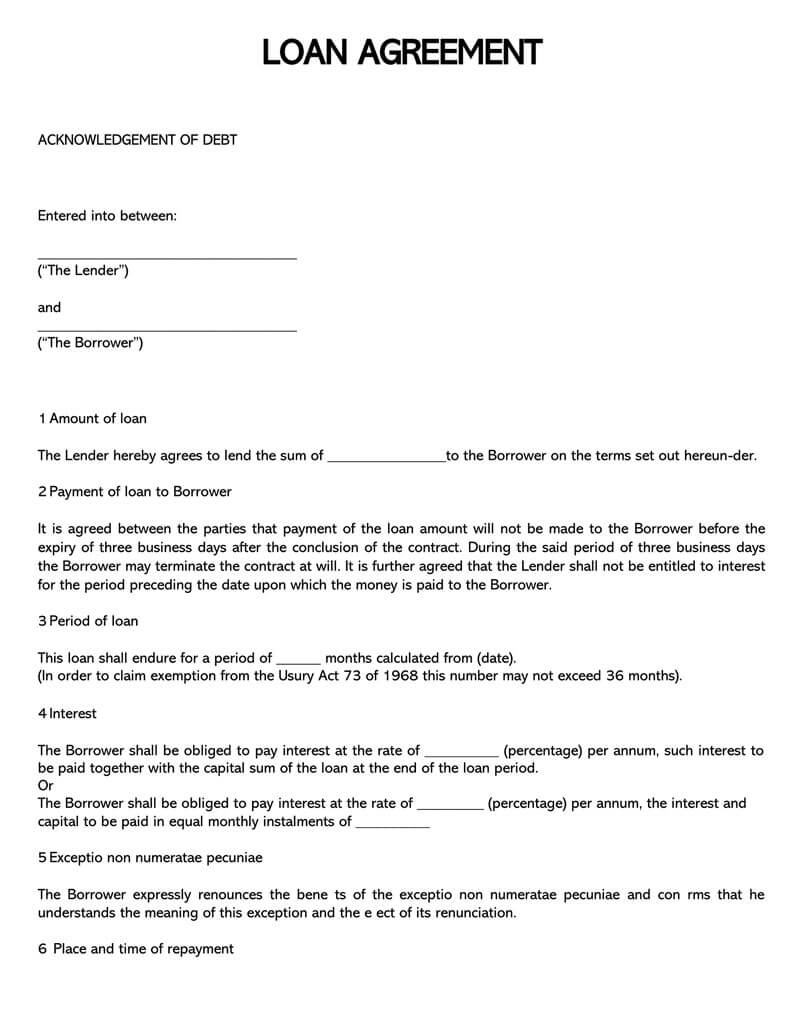 Money Loan Agreement Template Pdf