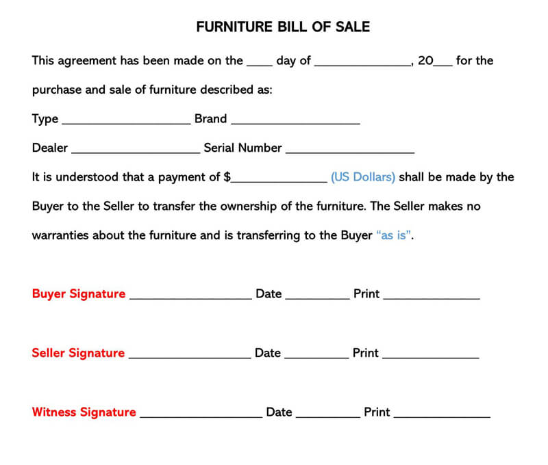 Free Furniture Bill of Sale Form 01 in Word