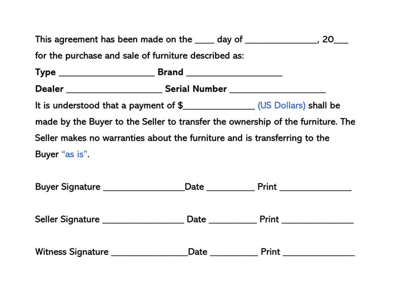 Free Furniture Bill of Sale Form Template