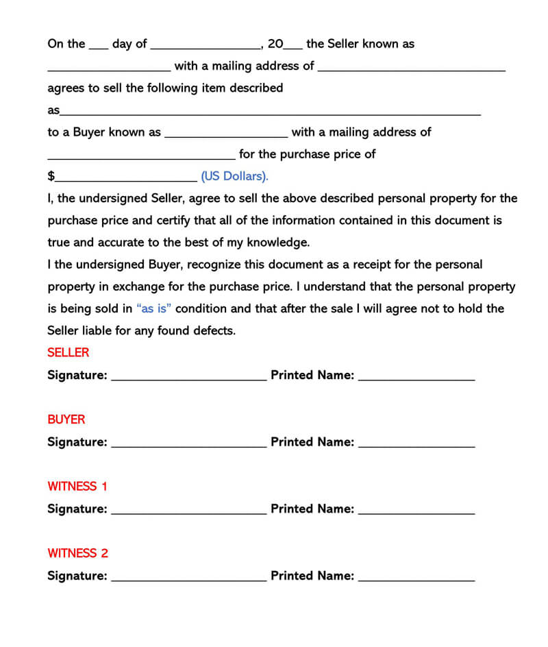 Free General Bill of Sale Form Template
