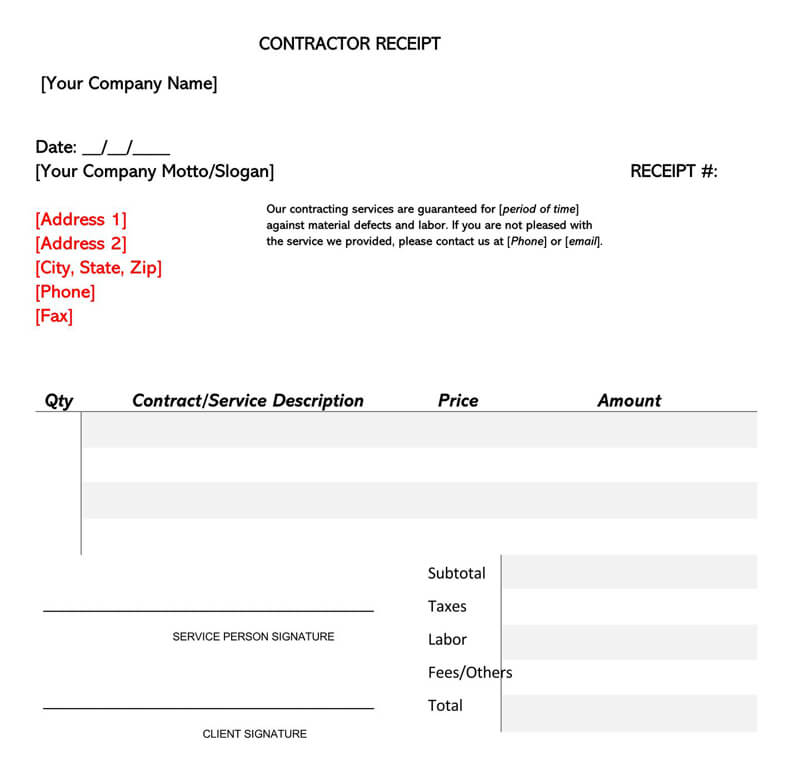 General Contractor Receipt Sample - Free PDF Format