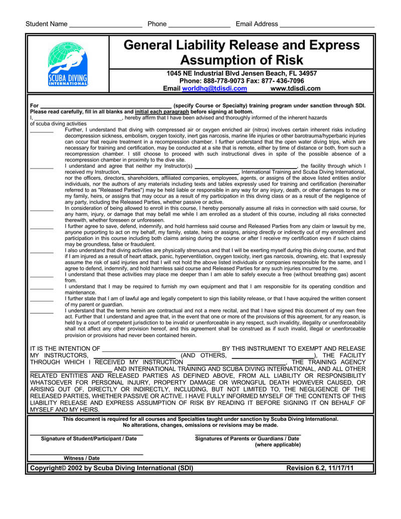 General Liability Waiver Form Sample
