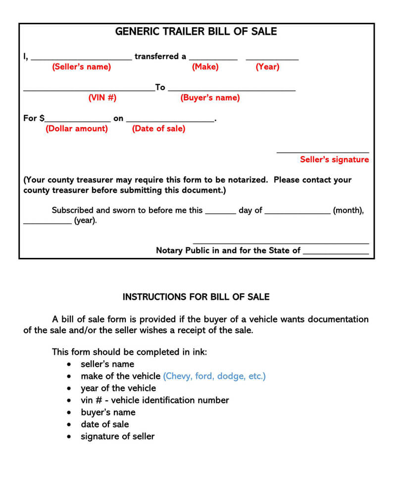 Free Trailer Bill of Sale Forms (How to Use) Word PDF