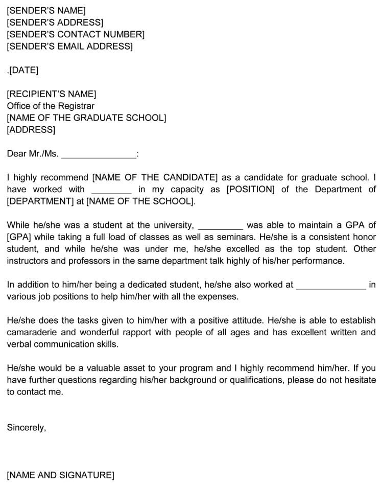 professional letter of recommendation for graduate school
