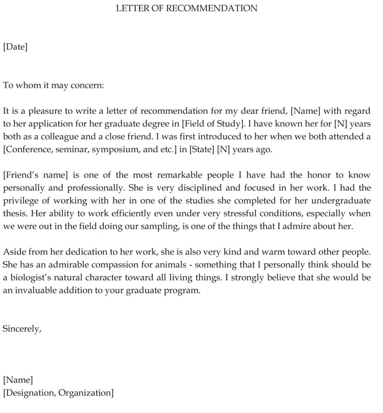 Free examples of letter of recommendation for graduate school applicants