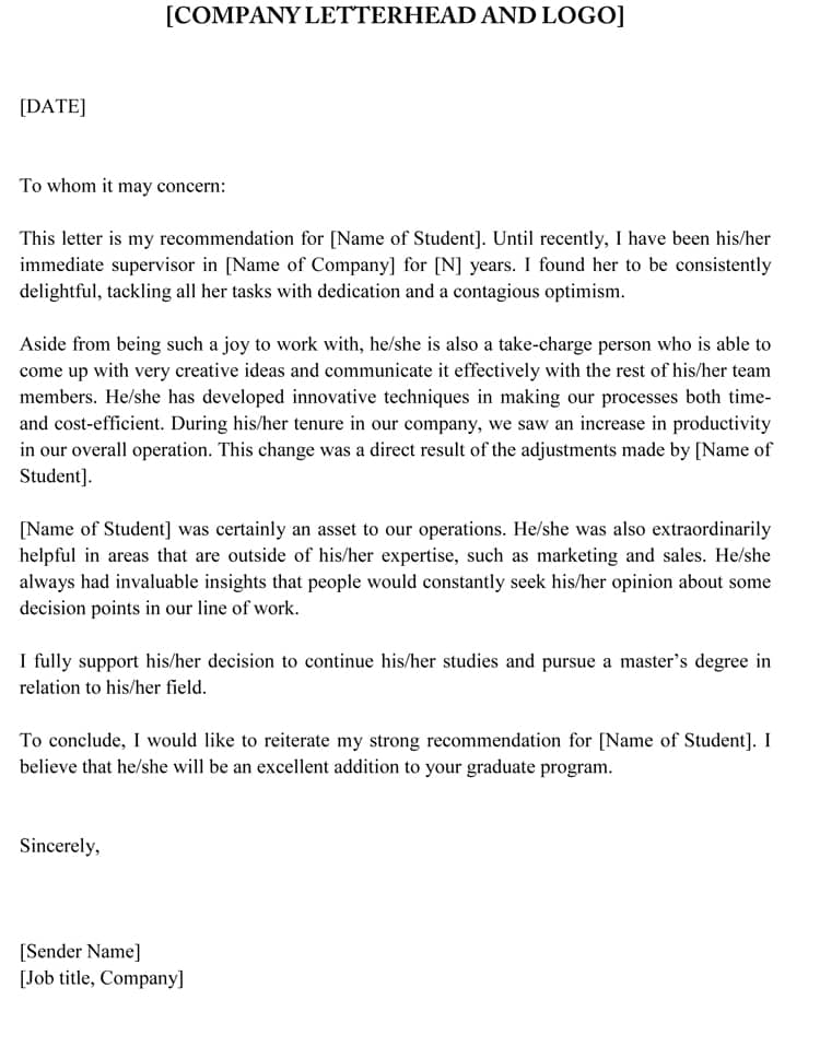 Graduate school letter of recommendation template: printable version