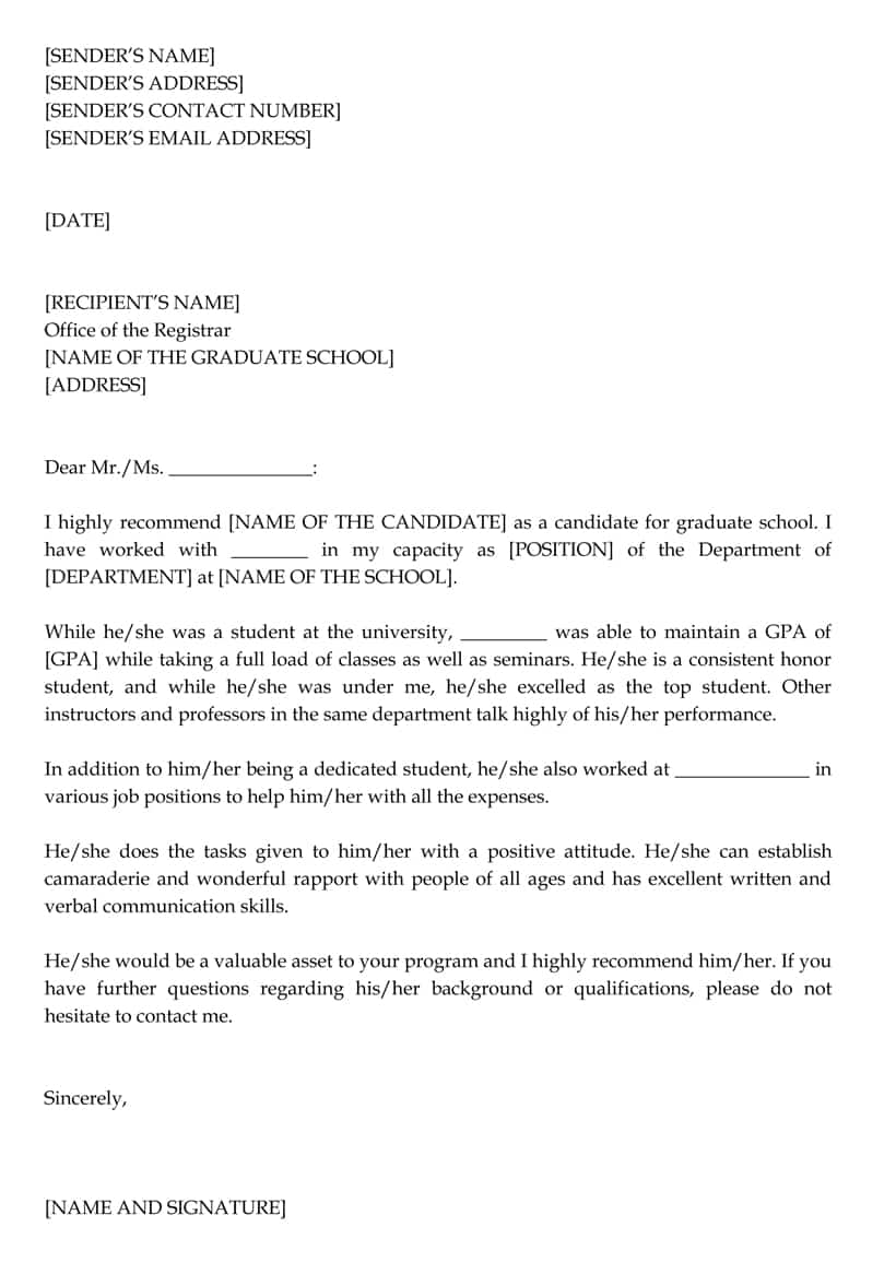 Graduate School Recommendation Letter (Sample Letters and ...