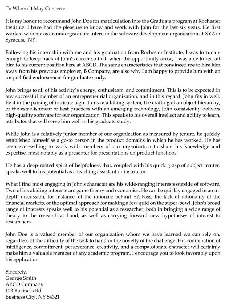 Reference Letter Template For Graduate School