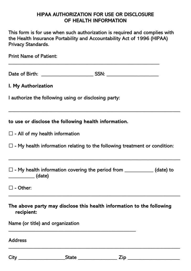 Free Customizable HIPAA Authorization of Health Information Form as Word Document