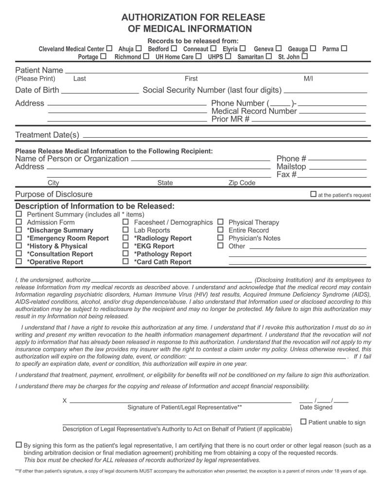 HIPAA Authorization to Release Medical Information Form