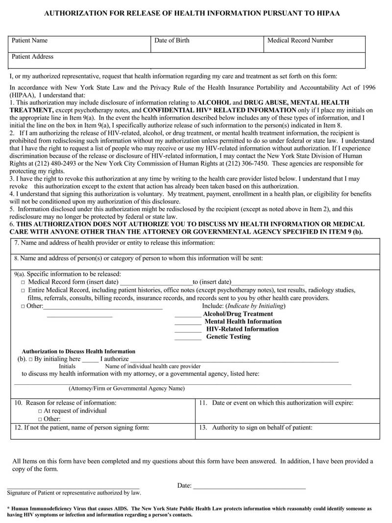 Free Downloadable HIPAA General Release of Information Form as Pdf File