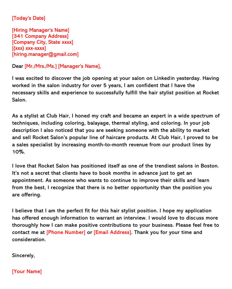Great Professional Hair Stylist Cover Letter Sample 06 for Word File