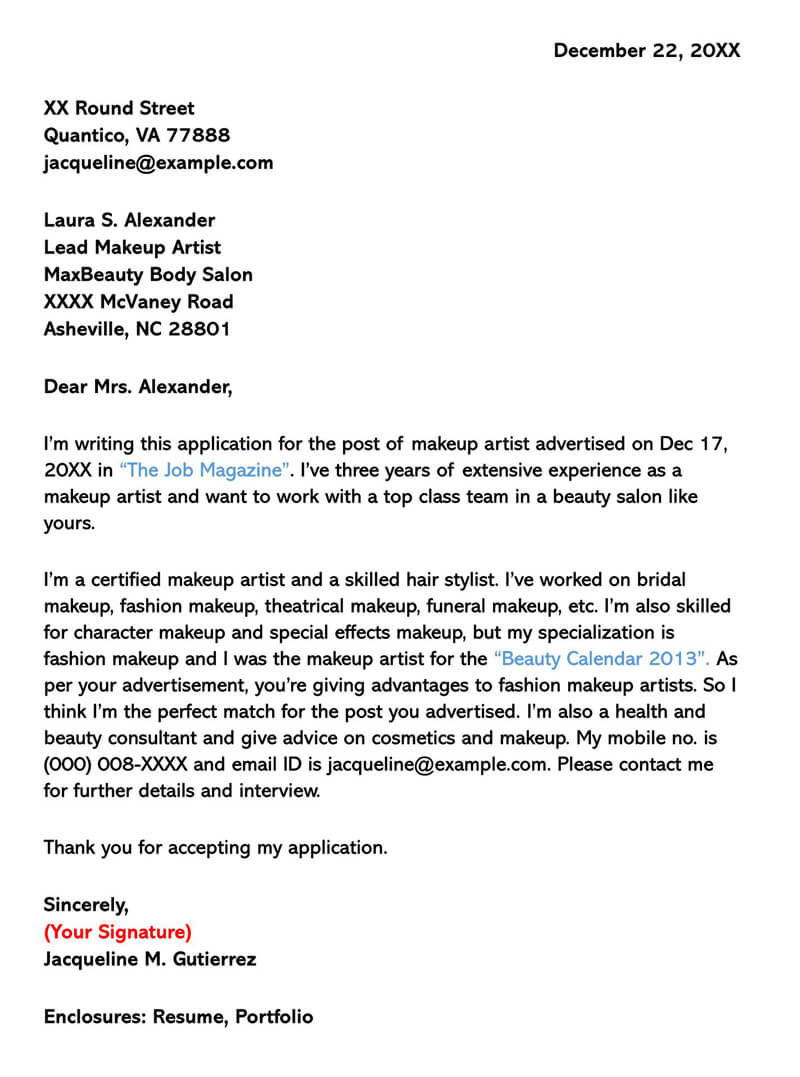 Hair Stylist and Makeup Artist Cover Letter