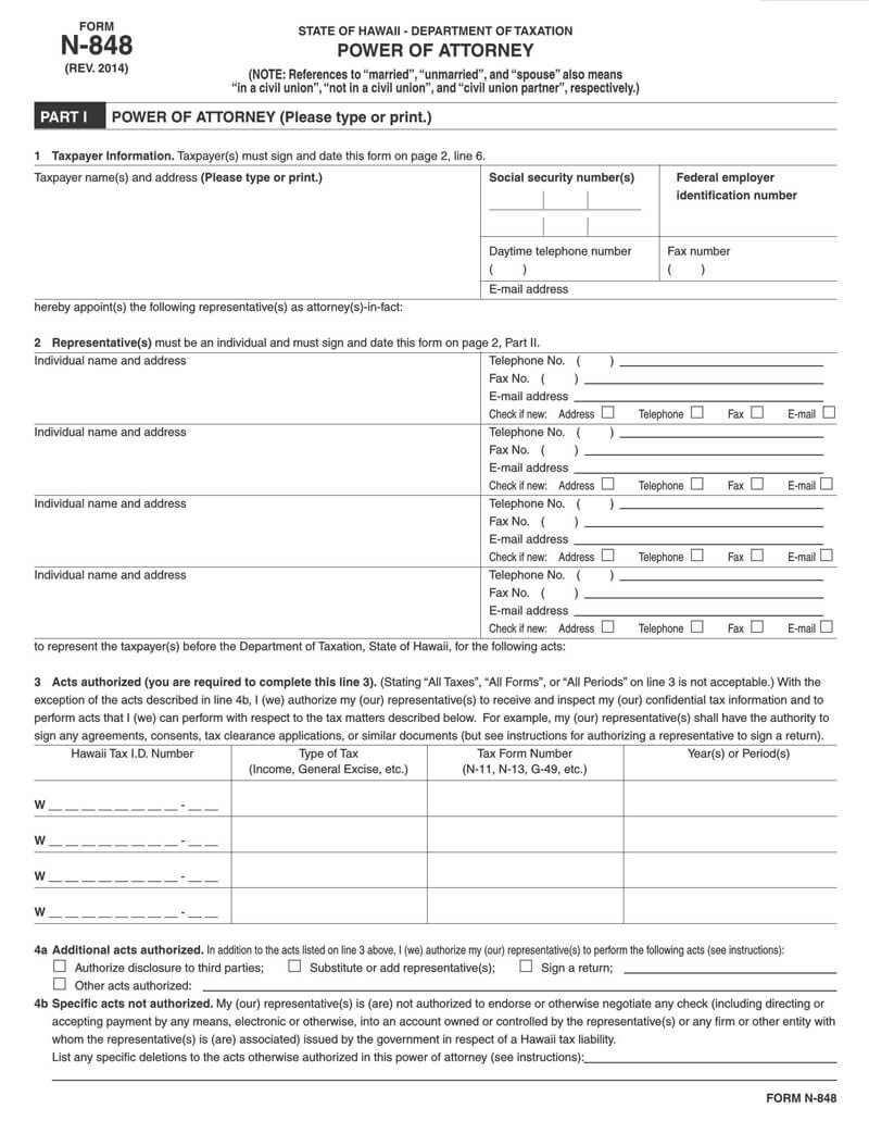 Hawaii State Tax POA (Form n 848)