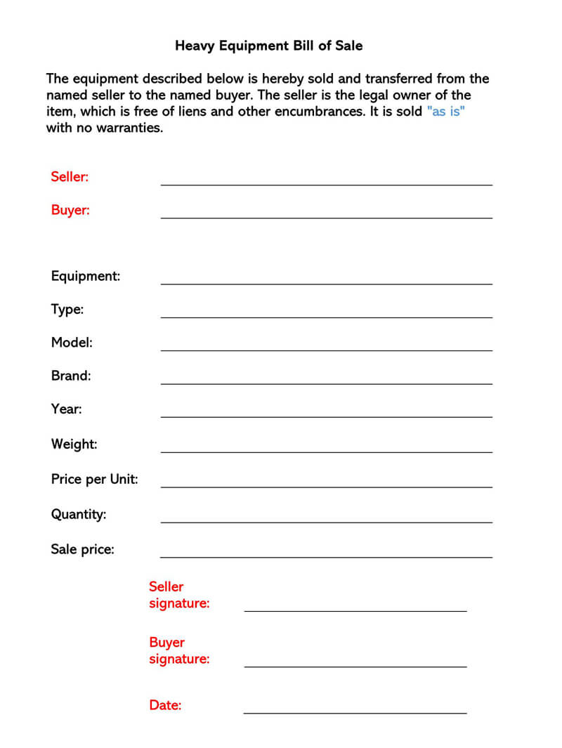 Free Heavy Equipment Bill of Sale Form template