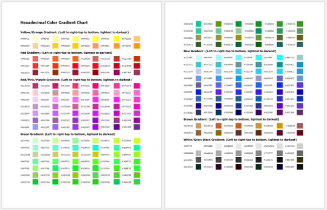 Rgb Hexadecimal Color Chart