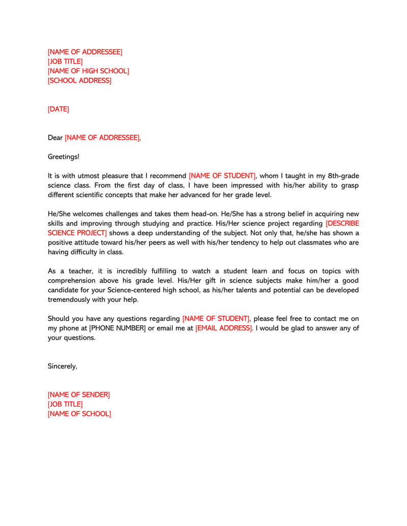 High School Recommendation Letter Template