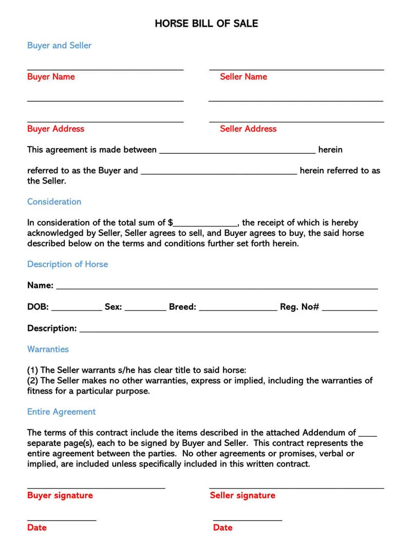 Free Horse Bill of Sale Forms (How to Fill) Word | PDF