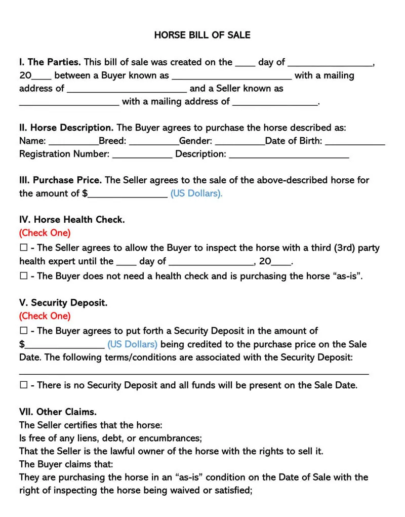 Free Horse Bill of Sale Forms (How to Fill) Word  PDF