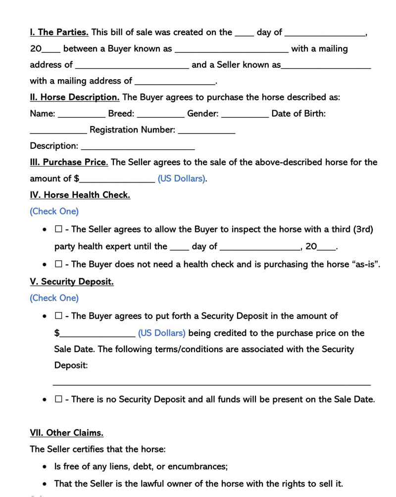 Free Horse Bill of Sale Form Template