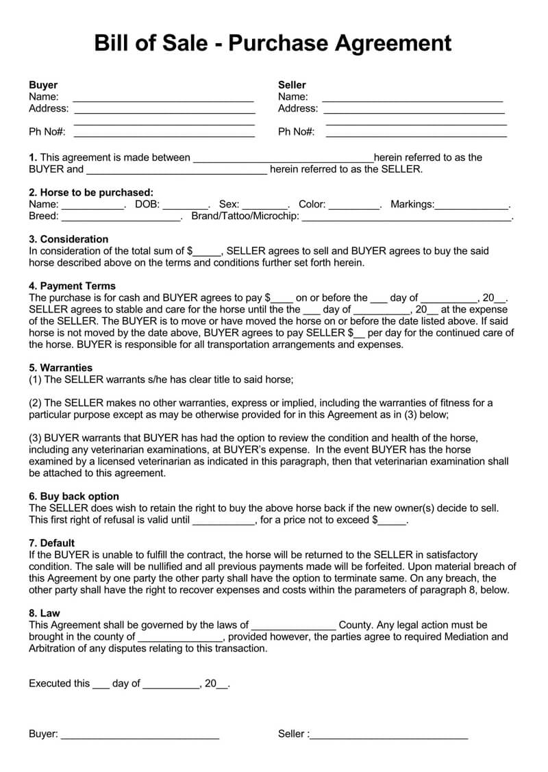 Horse Bill of Sale Purchase Form 01