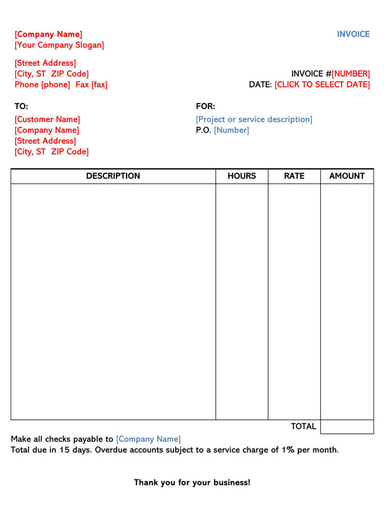 Printable Hourly Service Receipt Template