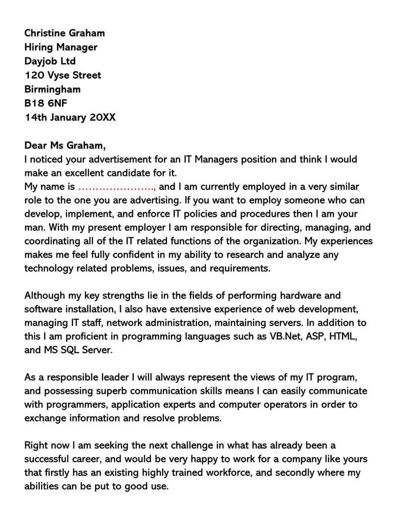 IT Manager Cover Letter Sample