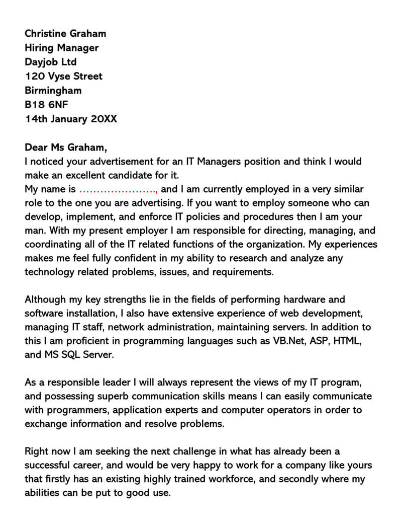 cover letter sample for it project manager