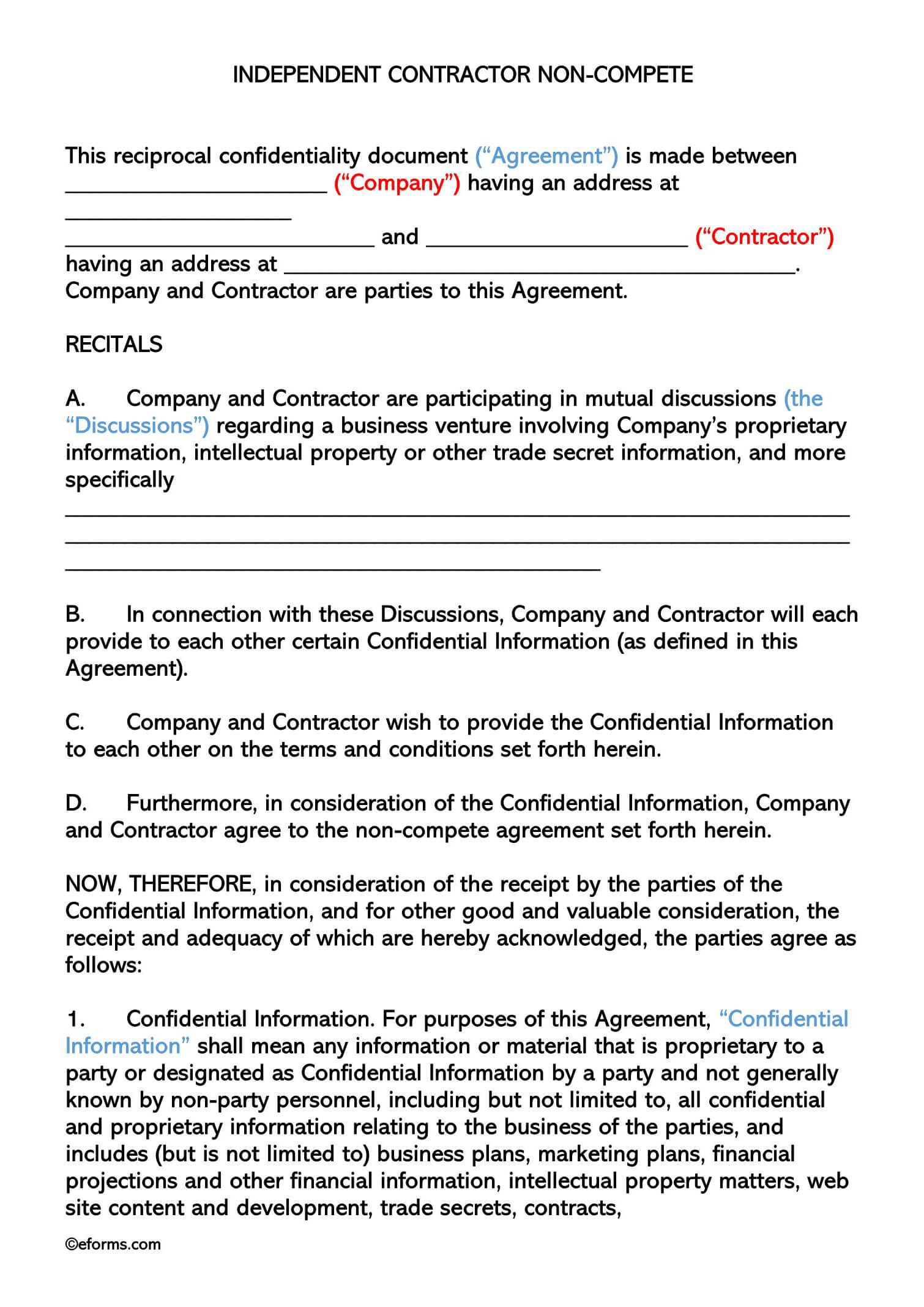 Independent Contractor non Compete Form