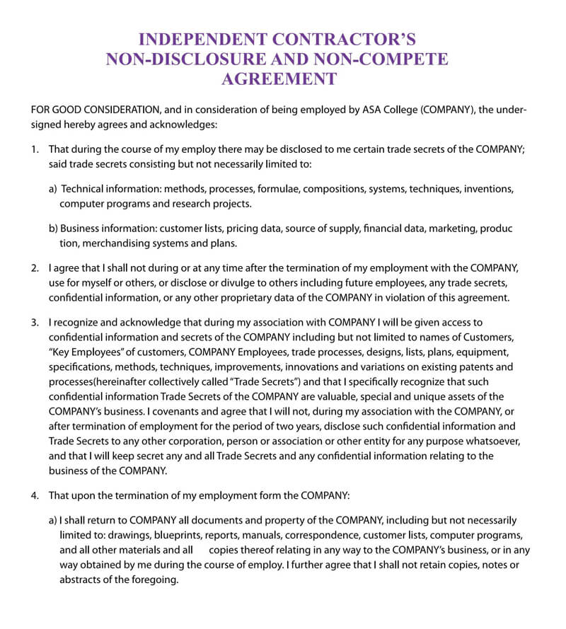 Indepenedent Contractor's non-Disclosure Agreement Template