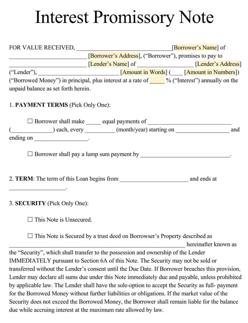 Great Editable Interest Promissory Note Sample as Pdf File