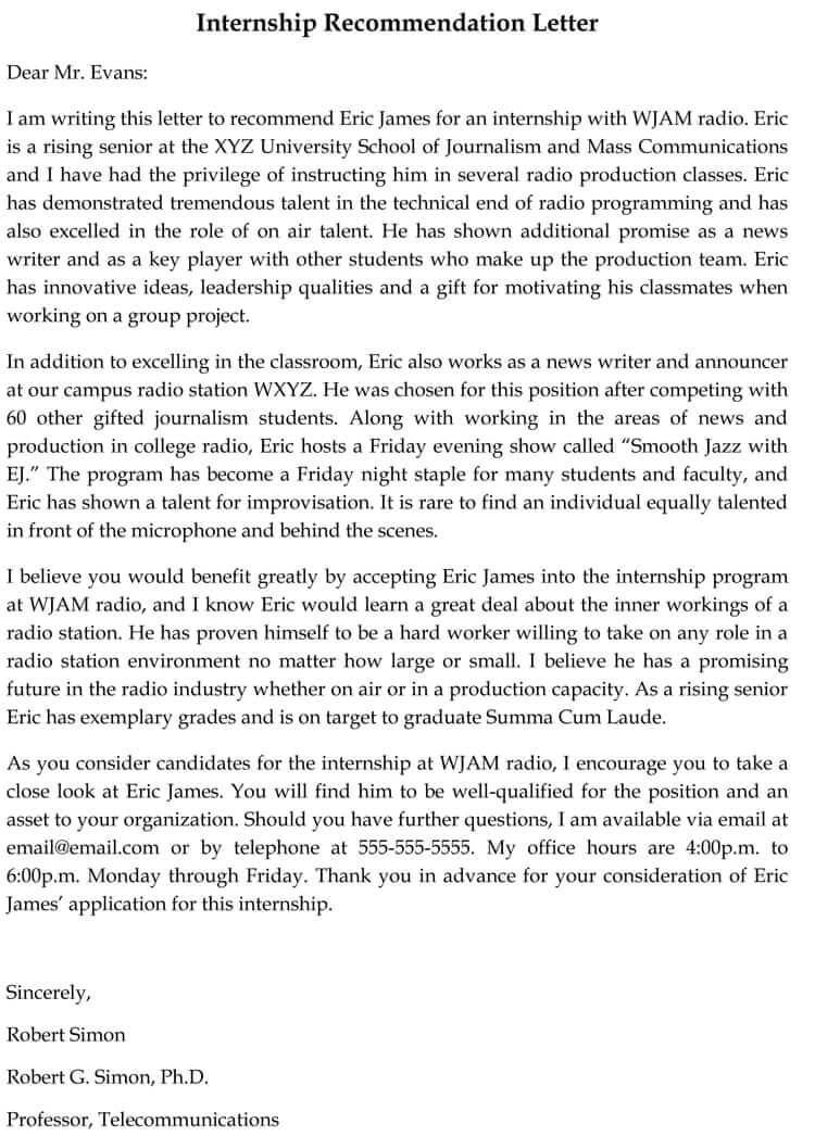 recommendation letter for internship