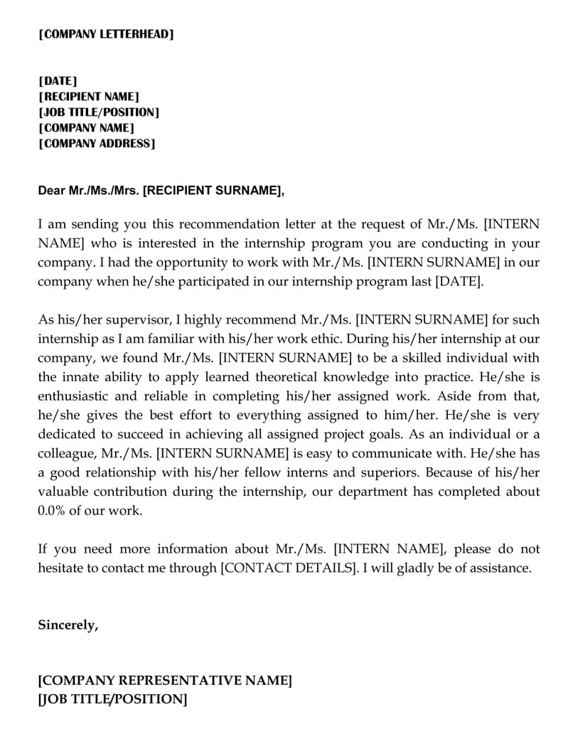 Download Recommendation Letter for Internship in Word