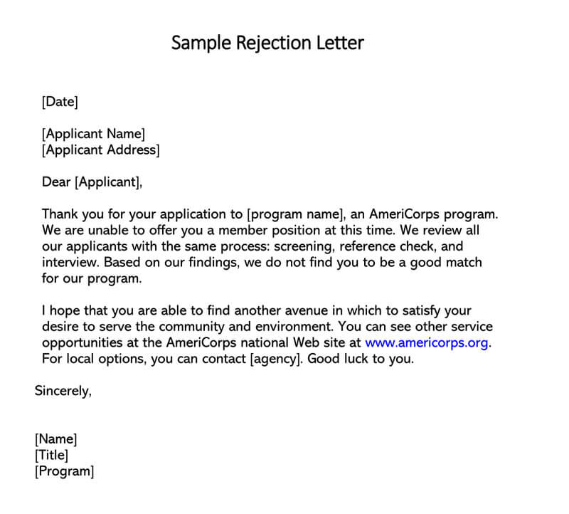 Job Candidate Sample Rejection Letter