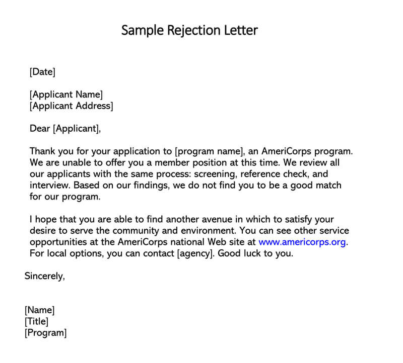 rejection of job application letter sample