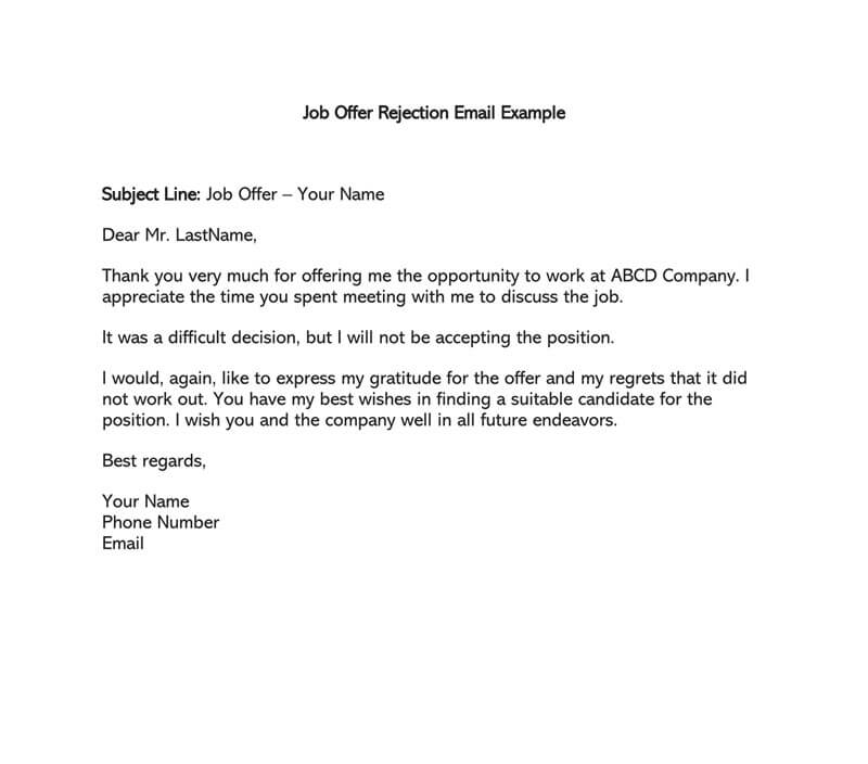 Formal Rejection Letter To Decline Job Offer Email Examples